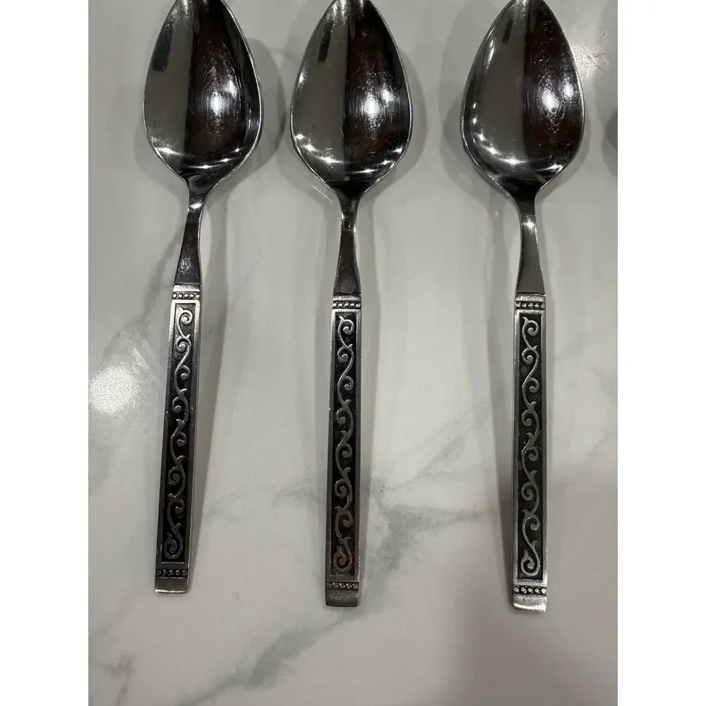 VINTAGE Oneida Spanish Court Soup Spoons Lot 6 Stainless Black Scroll Flatware